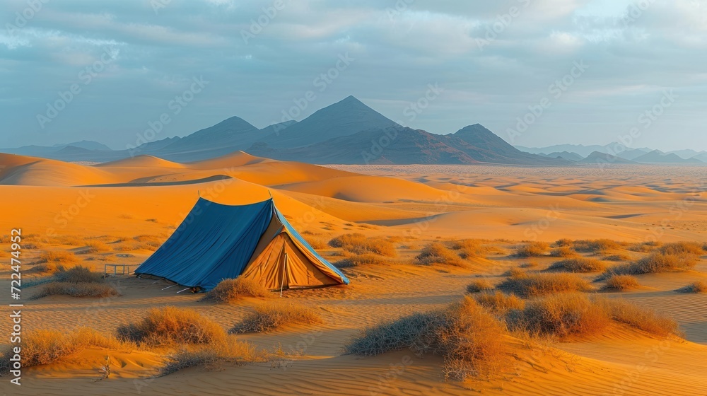  a tent in the middle of a desert with sand dunes in the background and a mountain range in the distance.