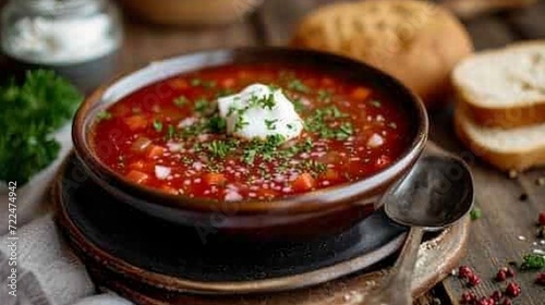 A plate of Ukrainian borscht soup stands on a wooden table