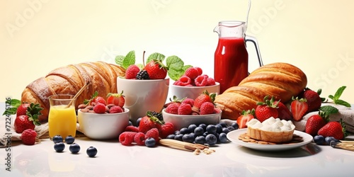 A table filled with a delicious breakfast spread including croissants, fresh strawberries, juicy blueberries, and a refreshing glass of orange juice. Perfect for a morning meal or brunch gathering