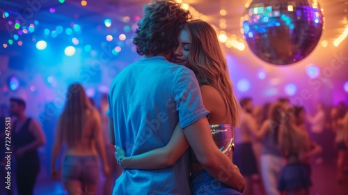 A young couple in jeans and shiny T-shirts dances at a disco