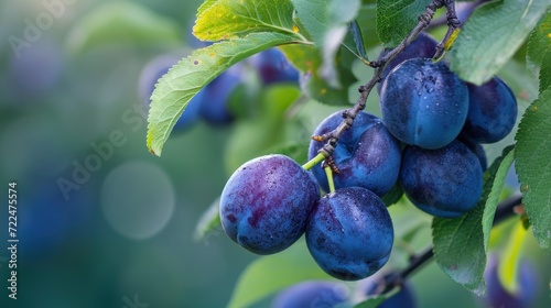  a bunch of plums hanging from a tree branch with green leaves and water droplets on the plums, with a blurry background of blue and green leaves. photo