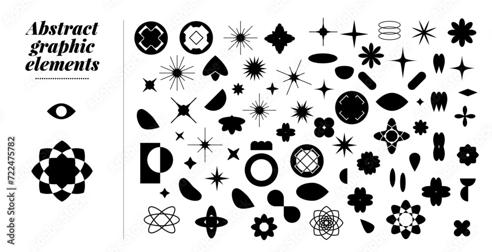 Colección de formas abstractas variadas. Recurso gráfico de diseño. Pegatinas de venta, iconos, insignias, formas abstractas, estrellas, formas circulares,
