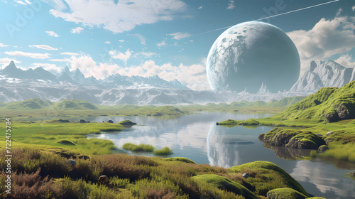 Verdant Alien World with Oversized Moon and Serene Lake