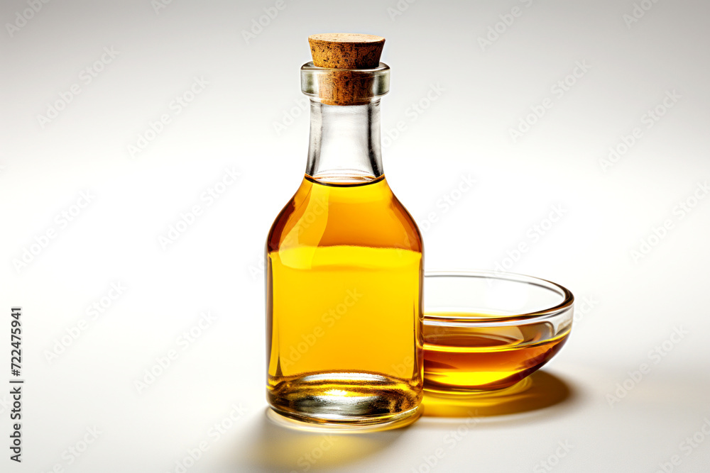 Glass Bottle and Bowl of Amber Oil Glass Bottle and Bowl of Amber Oil