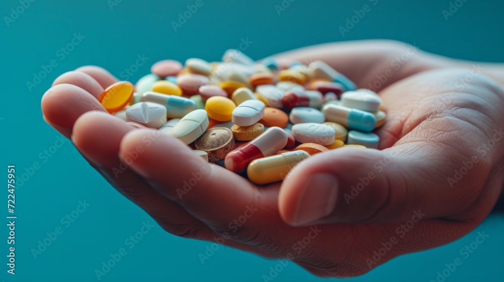 A man's hand holds a large handful of different pills
