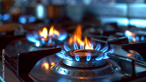 Gas Stove Burners with Blue Flames in a Modern Kitchen