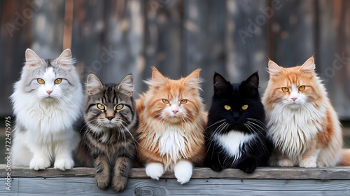 Group of Five Cats with Diverse Coat Patterns Sitting on Wooden Surface