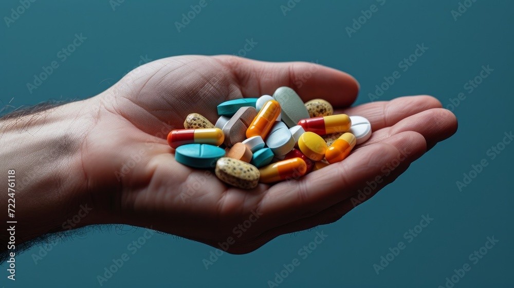 A man's hand holds a large handful of different pills A man's hand holds a large handful of different pills