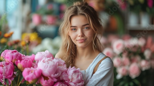 A young beautiful girl florist makes a bouquet of peonies © olegganko