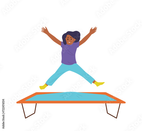 Girl child cartoon character jumping over trampoline at sports playroom or outdoors playground