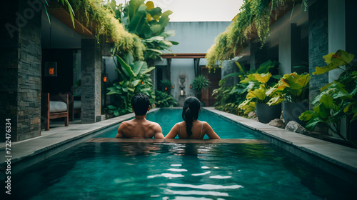 Couple in swimming pool luxury spa hotel, honeymoon for the newlyweds , generated AI photo