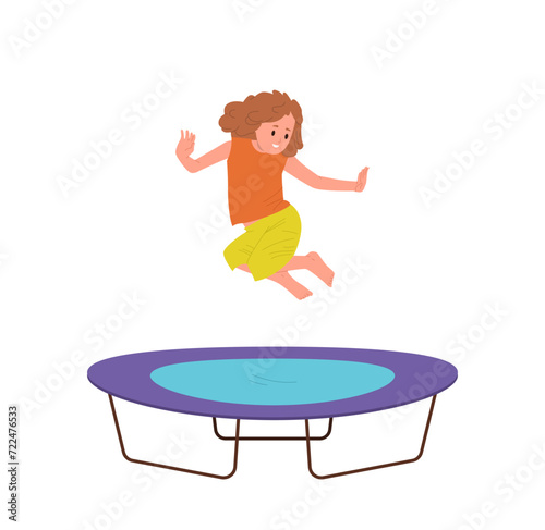 Little joyful girl child cartoon character jumping high on trampoline isolated vector illustration