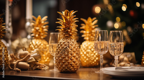 several golden pineapples and glasses of champagne  stand on plates on the table