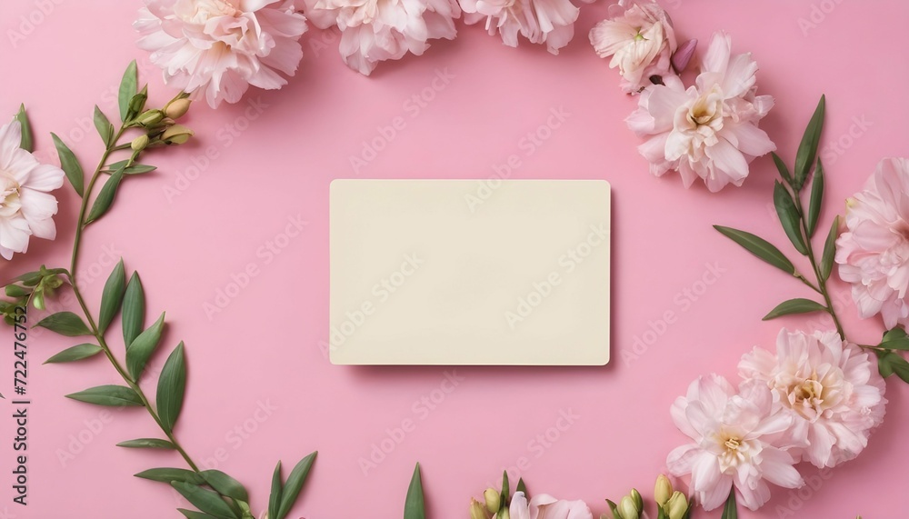Flat lay of gift card on pink backdrop. Floral background. Spring summer concept background. Flat lay, top view created with generative ai