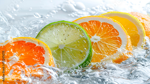 Citrus fruits in a splash of water, macro shots of soda or fruit juice, generated AI