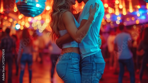 A young couple in jeans and shiny T-shirts dances at a disco