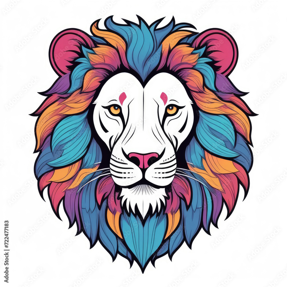 The head of a lion with big eyes and a multi-colored mane on a white background. Drawing for print on clothes, cover