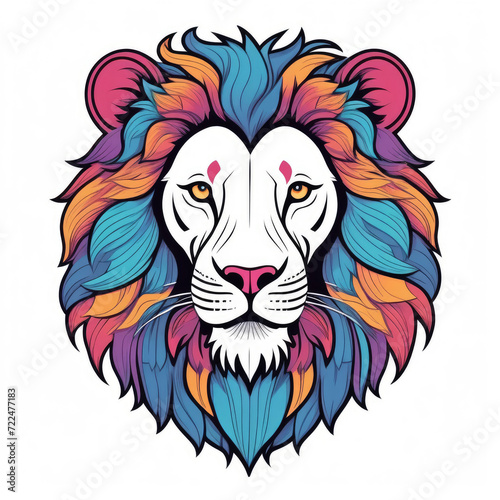 The head of a lion with big eyes and a multi-colored mane on a white background. Drawing for print on clothes, cover