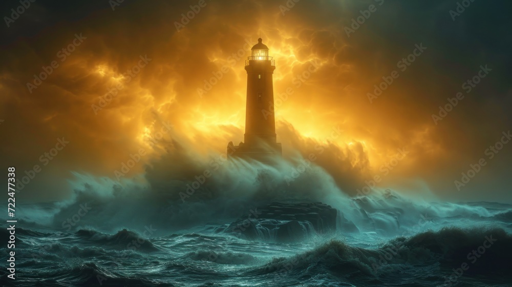 a lighthouse in the middle of a large body of water with a light on top of it in the middle of a storm.