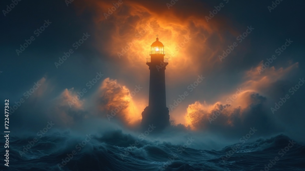  a lighthouse in the middle of a large body of water with a bright light shining on the top of it.