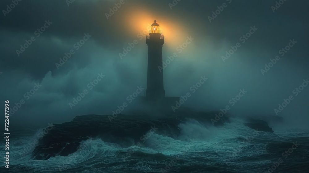  a lighthouse sitting on top of a rock in the middle of a body of water with a light on top of it.