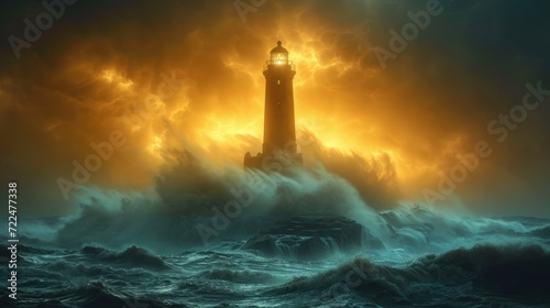  a lighthouse in the middle of a large body of water with a light on top of it in the middle of a storm.