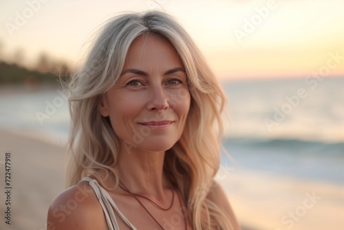 Smiling attractive beautiful caucasian senior mature woman posing at the beach looking at the camera 
