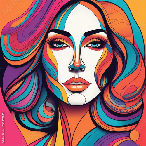 Abstract Portrait of a woman close-up, bright color drawing in the style of engraving, 80s