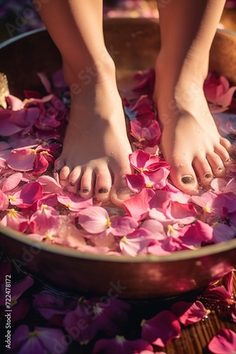 Woman's feet soaking in a bowl of water with pink petals. Perfect for spa and relaxation concepts