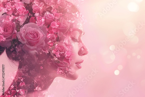 Floral Harmony: Woman's Silhouette Double Exposure Effect with Pink Rose Petals