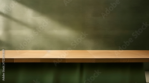 Empty table on khaki green texture wall background. Shadows on the wall and light reflections, generated AI photo