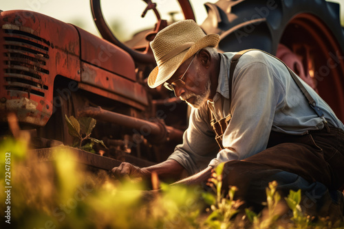 Elderly dark-skinned man in overalls, hat and glasses sitting on the ground and repairing an old rusty tractor