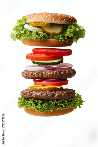 Deconstructed Hamburger Layers Floating on White Background, in the Style of Sleek Product Ad