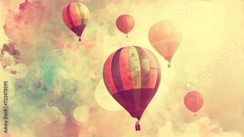  a group of hot air balloons flying in the sky over a cloud filled sky with the sun shining through the clouds.