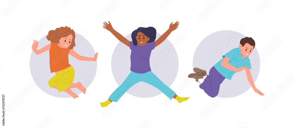 Isolated round icon composition with happy jumping children cartoon character enjoying fun time Isolated round icon composition with happy jumping children cartoon character enjoying fun time