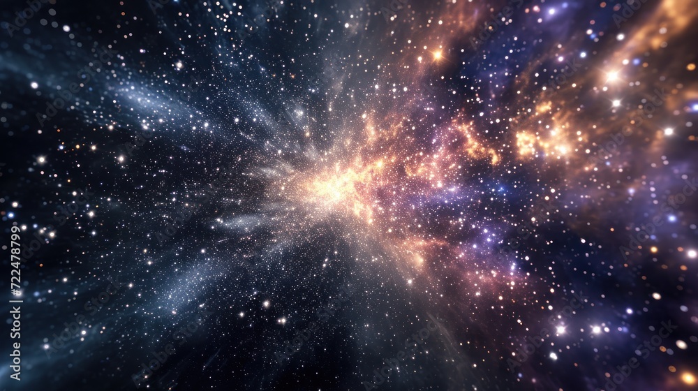 Obraz premium a large cluster of stars in the middle of a space filled with bright blue and yellow stars on a black background.