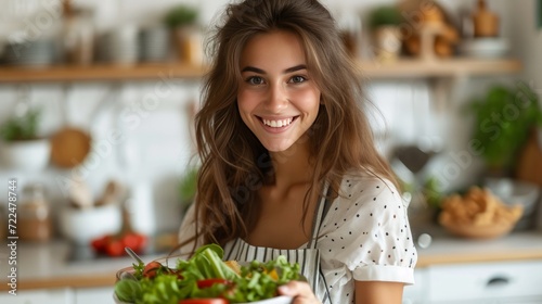 Beautiful young woman preparing breakfast in a white kitchen