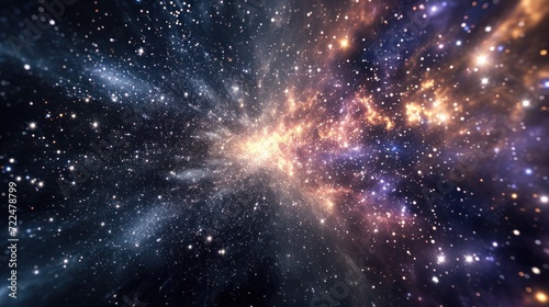  a large cluster of stars in the middle of a space filled with bright blue and yellow stars on a black background.