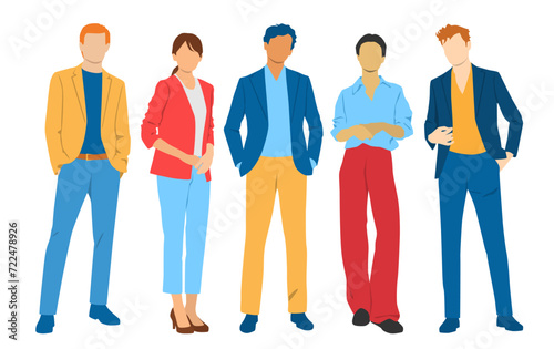  Set of young men and women , different colors, cartoon character, group of silhouettes of standing business people, students, design concept of flat icon, isolated on white background