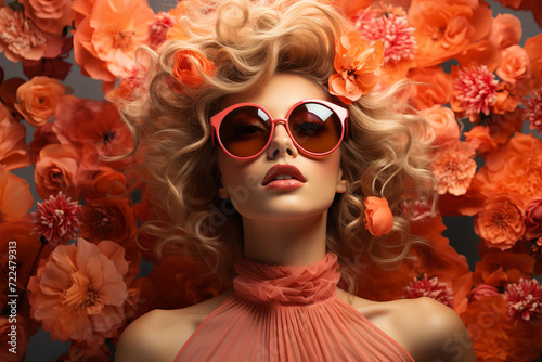 portrait of beautiful sensual woman in sunglasses among flying flowers. advert for perfume, cosmetic