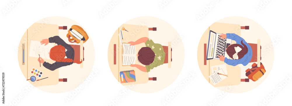 Isolated round icon composition set with smart clever children studying at school desk top view