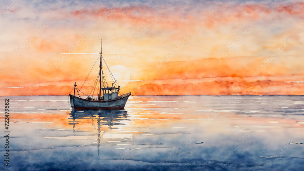 Fototapeta premium Minimalist watercolor painting of a fishing boat reflecting in a calm lake on a summer sunset. AI generated.