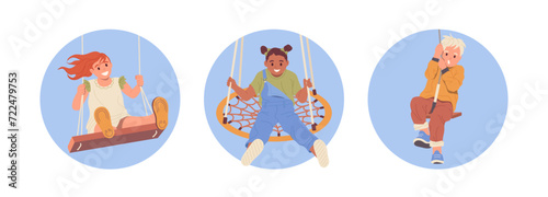 Isolated round composition with happy playful children cartoon characters physical activity on swing