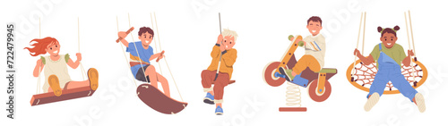 Little preschool children cartoon characters riding different swing on playground or attraction park