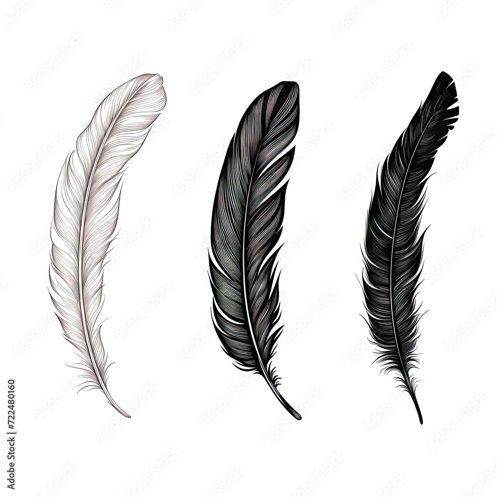 Fototapeta premium Bird Feather Hand Drawn Illustration Isolated on White Background, Elegance Curly Bird Feather