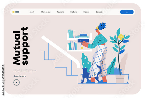 Mutual Support: Book Swap -modern flat vector concept illustration of a woman leaving books on a shelf in hallway for neighbors A metaphor of voluntary, collaborative exchanges of resource, services