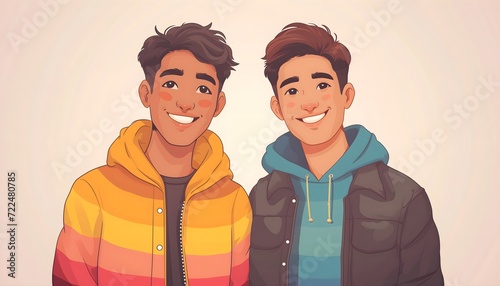 Zwei junge Männer in Jacken lächeln (KI-/AI-generiert) photo