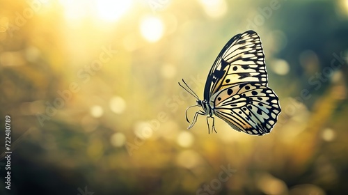 Close-up of a butterfly with black and white patterns on its wings flying over a green field