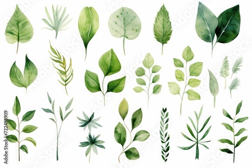 A collection of fresh green leaves set against a clean white background. Versatile and suitable for various design projects