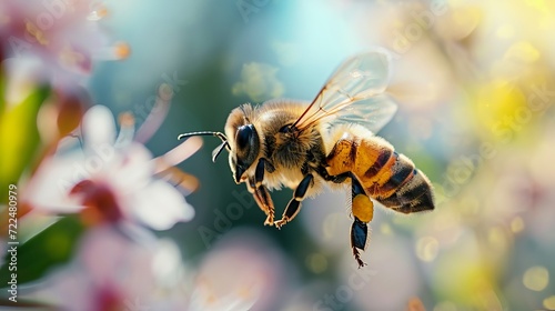 Close-Up of a Vibrant Bee Mid-Flight Among Blossoming Flowers with Sunlight Filtering Through